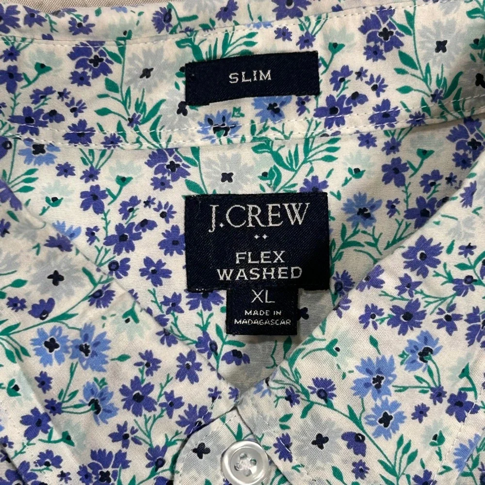 J‎ Crew Flex Washed Slim Fit Shirt XL Mens Blue Green Floral Short Sleeve Button